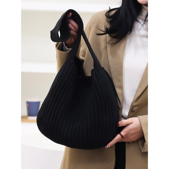 Women's Black Shoulder Handbags Crocheted Bags Large Knit Bag Tote Bag - Picture 7 of 9